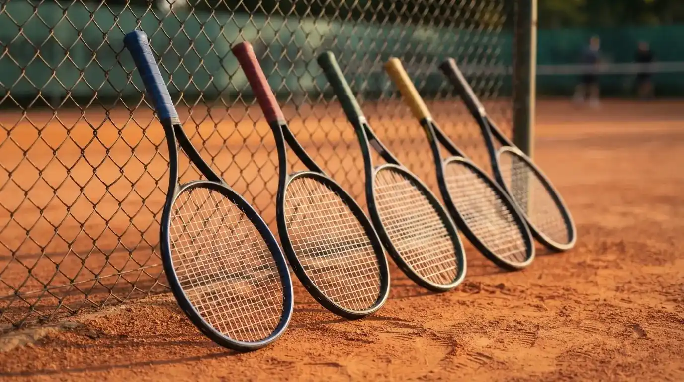 Rząd rakiet tenisowych opartych o ogrodzenie kortu, każda z innym kolorem uchwytu, w ciepłym świetle.
